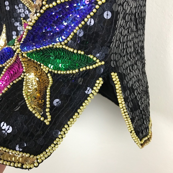 VINTAGE 100% Silk Sequined Black Floral Blouse S - Picture 2 of 8